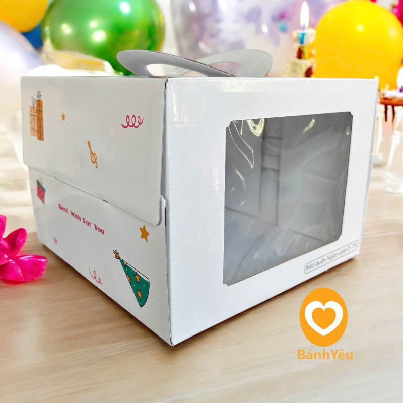 Hộp đựng bánh kem quai xách KÈM ĐẾ - Màu trắng họa tiết BB45