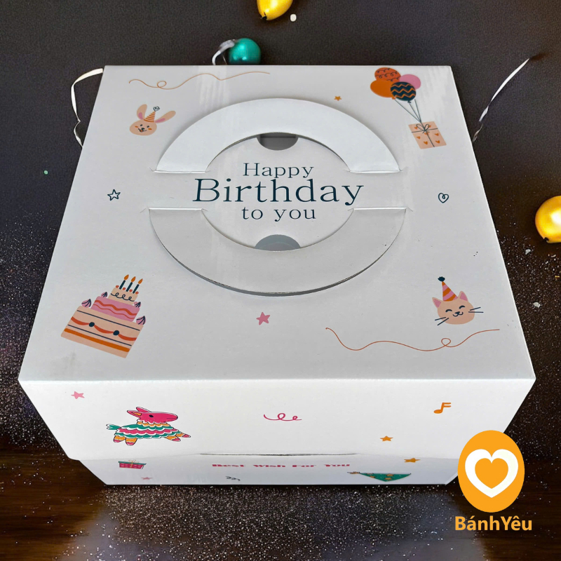 Hộp đựng bánh kem quai xách KÈM ĐẾ - Màu trắng họa tiết BB45