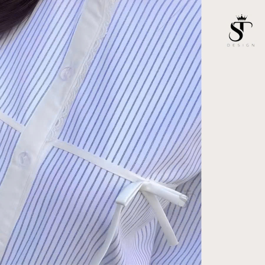 Áo sơ mi kẻ sọc cổ tàu mix ren hàng thiết kế sang trọng, thanh lịch - ST Design - 15