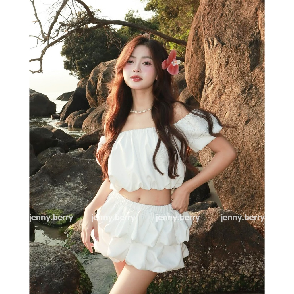 Sulli set - Sét áo trễ vai kèm chân váy bí hai tầng đi biển mùa hè áo ...