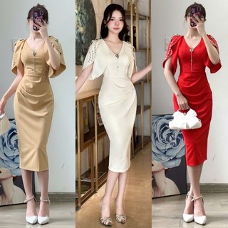 Đầm body đầm trung niên tay xẻ cổ V kết đá cao cấp