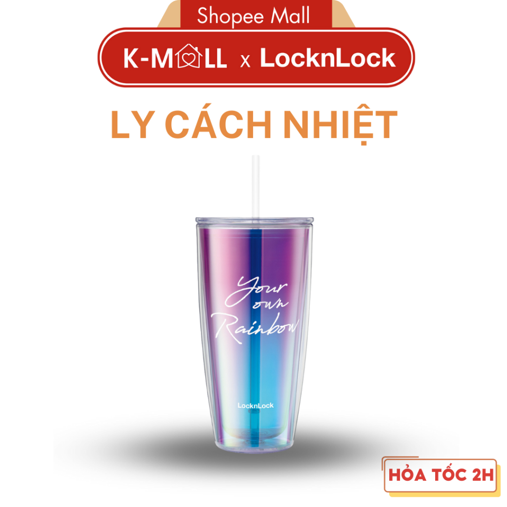 Ly nhựa 2 lớp LocknLock Rainbow double wall cold cup HAP507 Màu Tím , kèm ống hút và cọ rửa - K-MALL