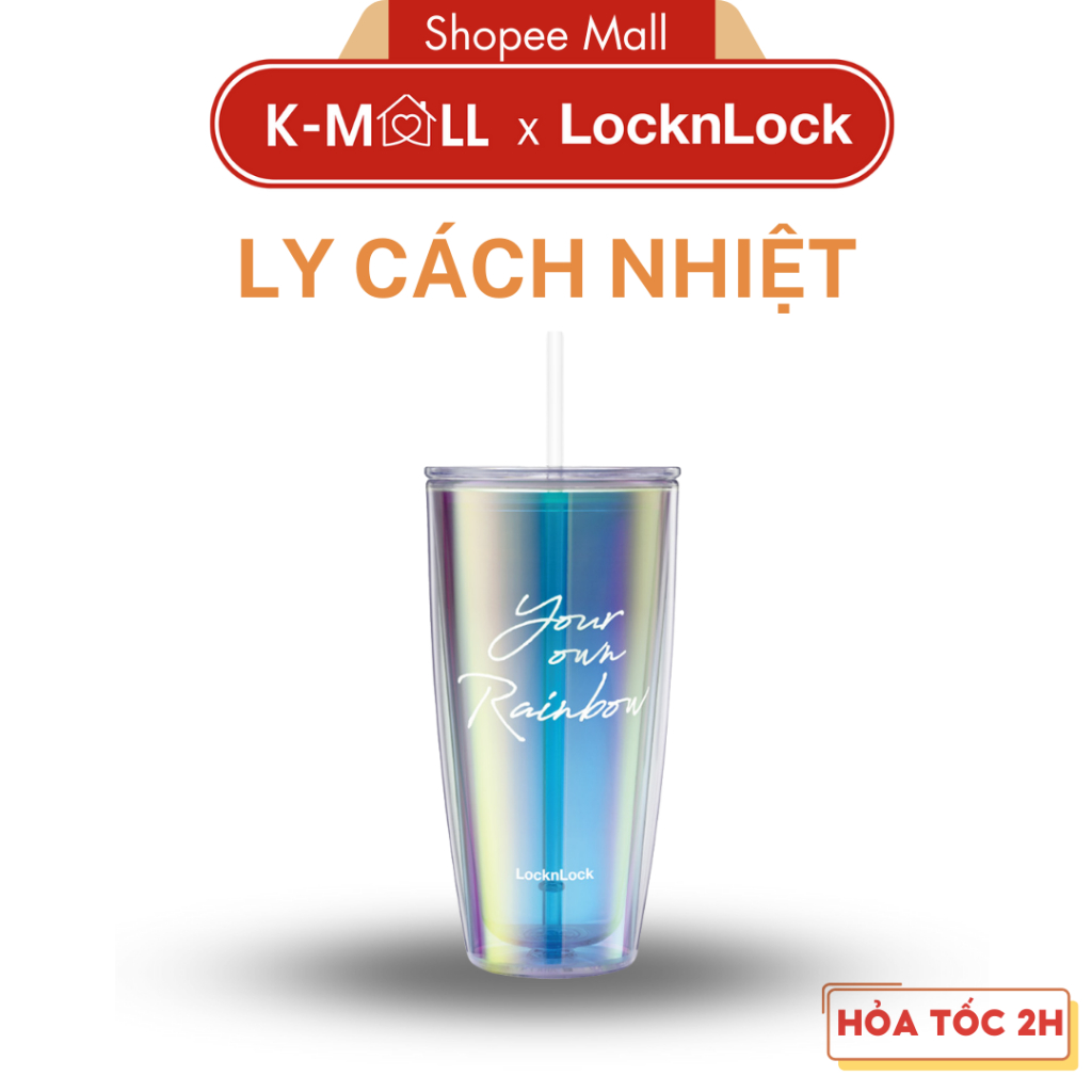 Ly nhựa 2 lớp LocknLock Rainbow double wall cold cup HAP507 Màu Trắng kèm ống hút và cọ rửa - K-MALL