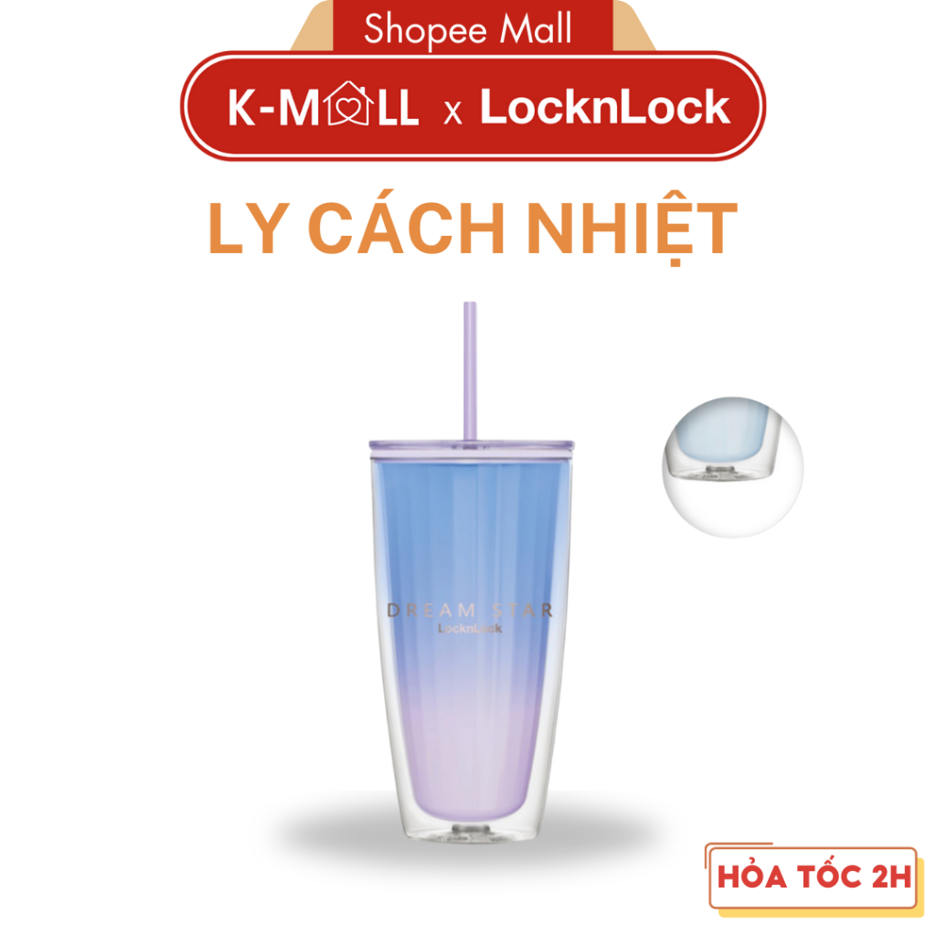 Ly nhựa 2 lớp LocknLock Double Wall Cold Cup 750ml HAP522VOL Màu Tím, Kèm ống hút và cọ rửa - K-MALL
