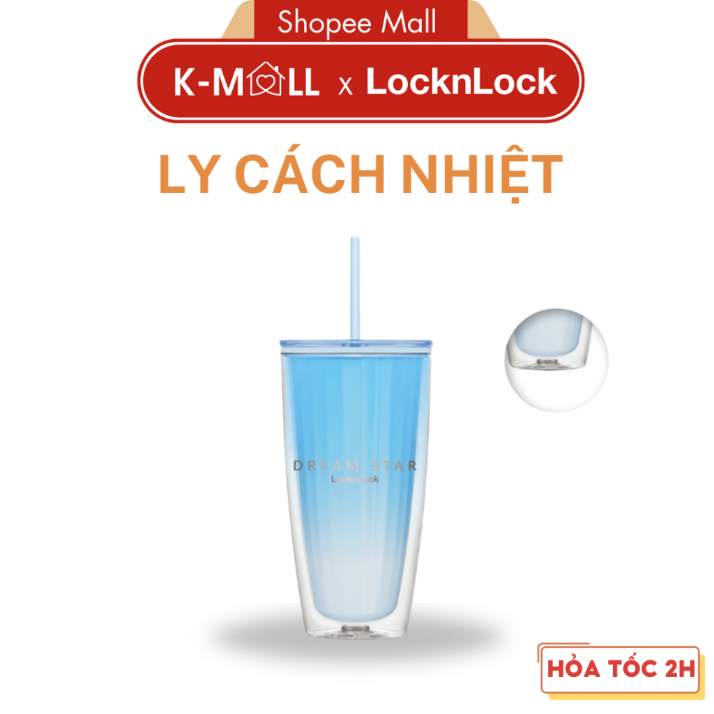 Ly nhựa 2 lớp LocknLock Double Wall Cold Cup 750ml HAP522BLU Màu Xanh Kèm ống hút và cọ rửa - K-MALL