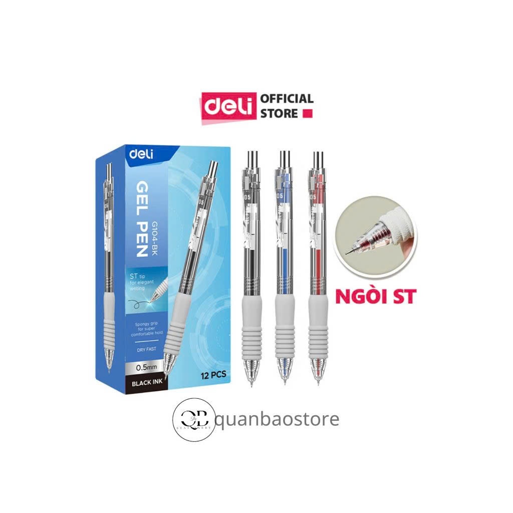 [GIÁ RẺ-TẶNG BÚT BI] HỘP 12 Bút Gel đệm xốp Deli G104 ngòi ST 0.5mm – viết trơn, nhanh khô