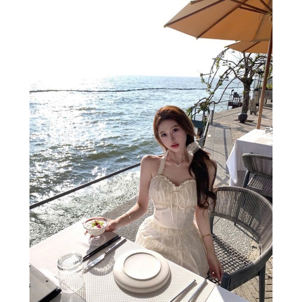 Set Váy Áo Corset Ren Trắng Cổ Yếm Cúp Ngực Kèm Chân Váy Ngắn Thô Boi Đi Biển SAN Clothings - P115