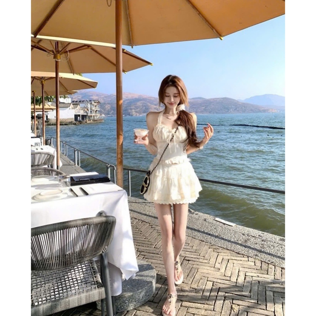 Set Váy Áo Corset Ren Trắng Cổ Yếm Cúp Ngực Kèm Chân Váy Ngắn Thô Boi Đi Biển SAN Clothings - P115