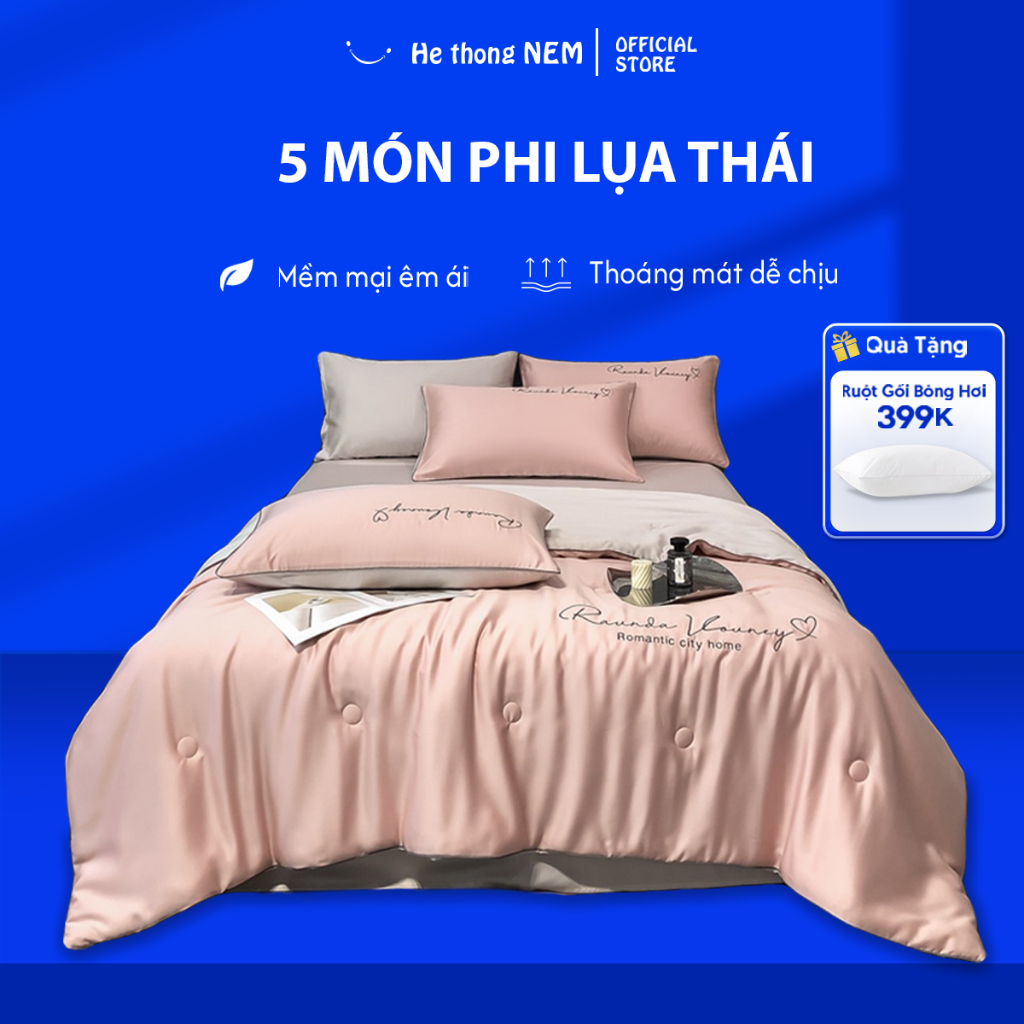 Ảnh Bộ ga giường 5 món He thong NEM cao cấp Set drap giường chăn ga gối phi lụa thái trải phủ giường mát lạnh mùa hè 1