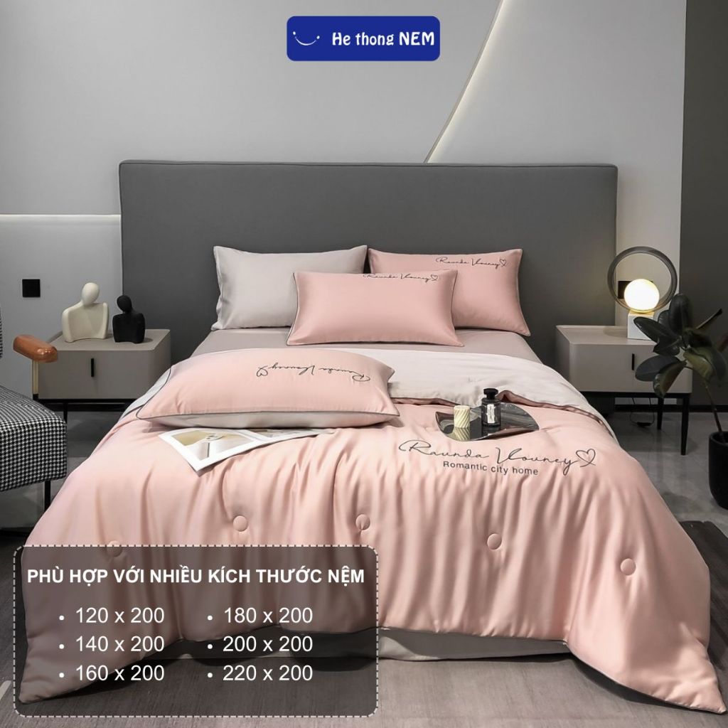 Ảnh Bộ ga giường 5 món He thong NEM cao cấp Set drap giường chăn ga gối phi lụa thái trải phủ giường mát lạnh mùa hè 3
