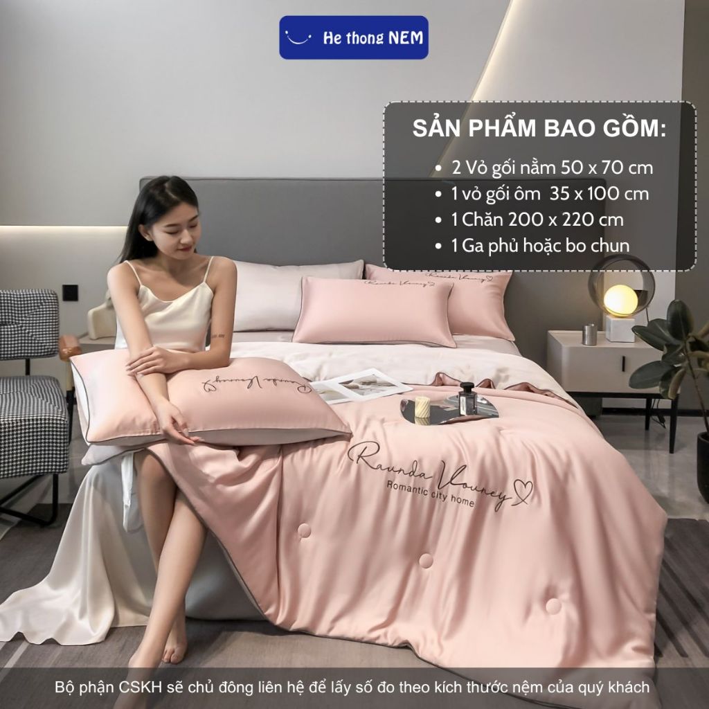 Ảnh Bộ ga giường 5 món He thong NEM cao cấp Set drap giường chăn ga gối phi lụa thái trải phủ giường mát lạnh mùa hè 4
