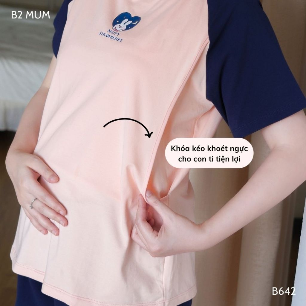 Bộ bầu mặc nhà và sau sinh chất cotton mềm, mát, có thiết kế vạch ngực cho bé ti, quần có chun chỉnh B642 B2MUM