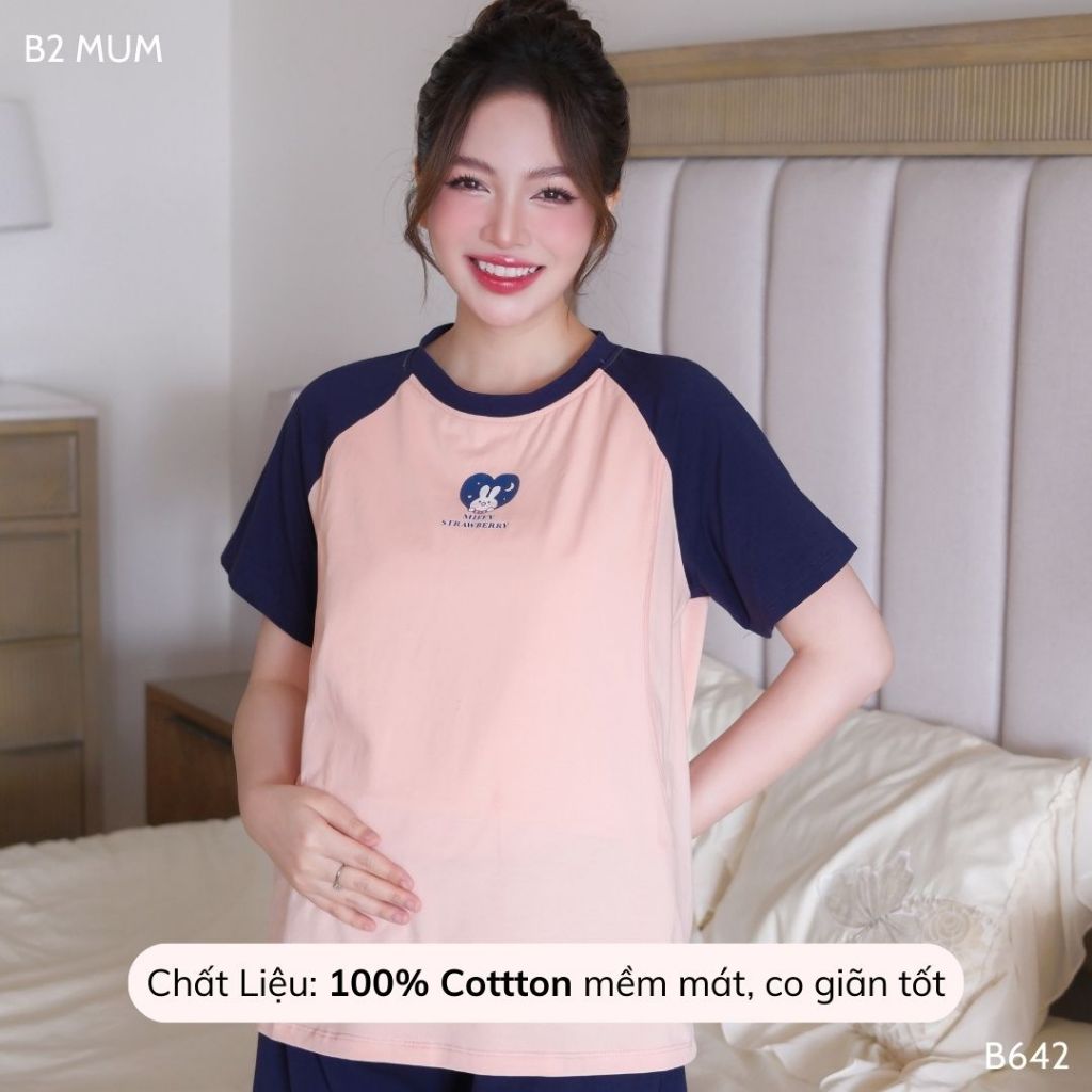 Bộ bầu mặc nhà và sau sinh chất cotton mềm, mát, có thiết kế vạch ngực cho bé ti, quần có chun chỉnh B642 B2MUM