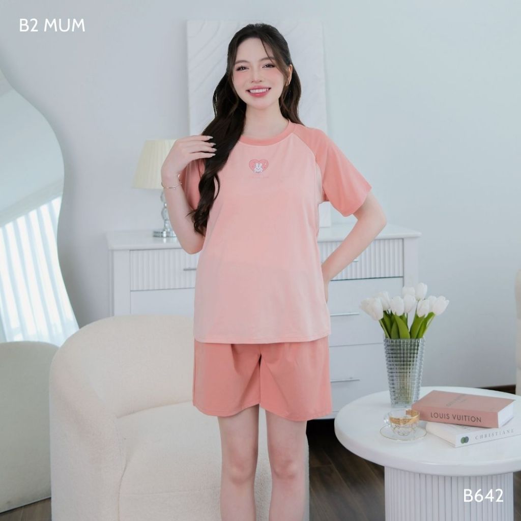 Bộ bầu mặc nhà và sau sinh chất cotton mềm, mát, có thiết kế vạch ngực cho bé ti, quần có chun chỉnh B642 B2MUM