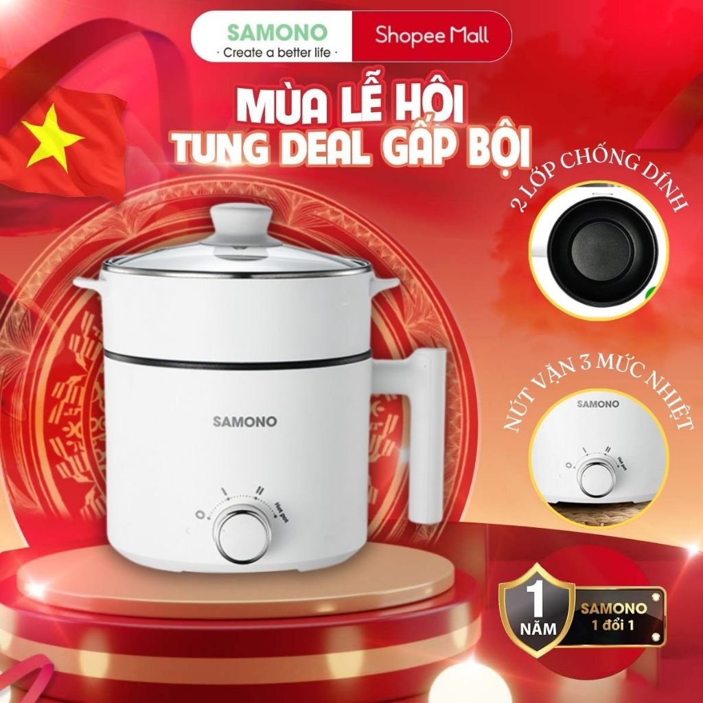 Ảnh Nồi điện đa năng Samono SW-DG04S lẩu điện 1.5L chống dính, 3 mức nhiệt 150W &450W & hotpot, kèm xửng hấp inox 1