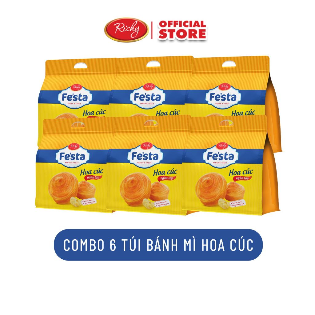 [TẶNG QUÀ ĐƠN TỪ 129K] Combo 6 Bánh mì hoa cúc ngàn lớp, Bánh mì Lụa Fe'sta Richy, HSD 35 ngày từ NSX