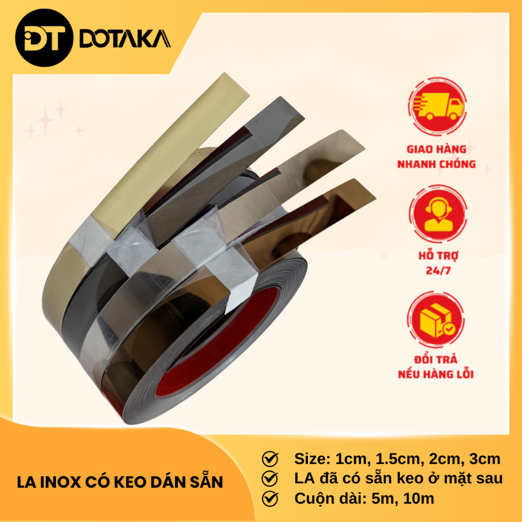 Nẹp trang trí LA inox có keo dán sẵn. Dán trần, tường, kệ tủ,...Cuộn ...