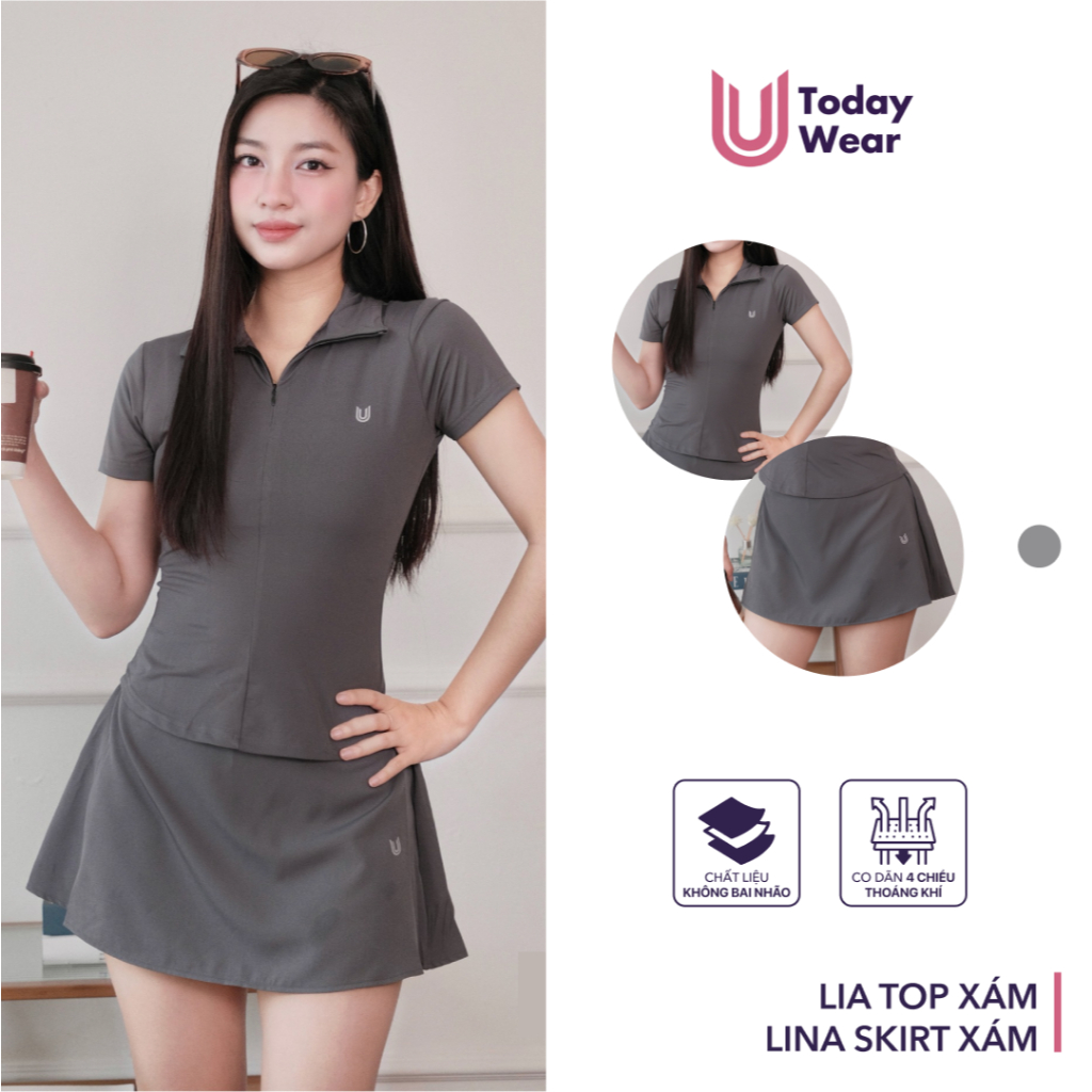 Ảnh Set bộ đồ thể thao nữ pickcleball tennis áo Lia Top chân váy Lina Skirt xám Today U Wear thoáng mát có quần bảo hộ 1