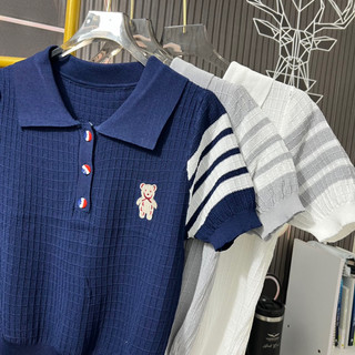 LT - Áo len cổ bẻ polo cộc tay len tổ ong mềm mát hình hoạ tiết gấu thêu sọc tay mã 950