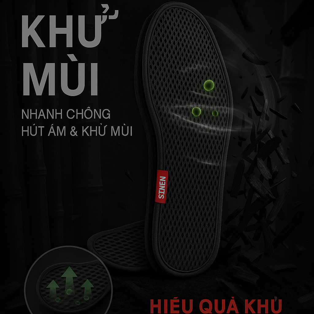 Lót giày than tre 3 lớp Khử mùi, Thấm hút mồ hôi, Thoáng khí