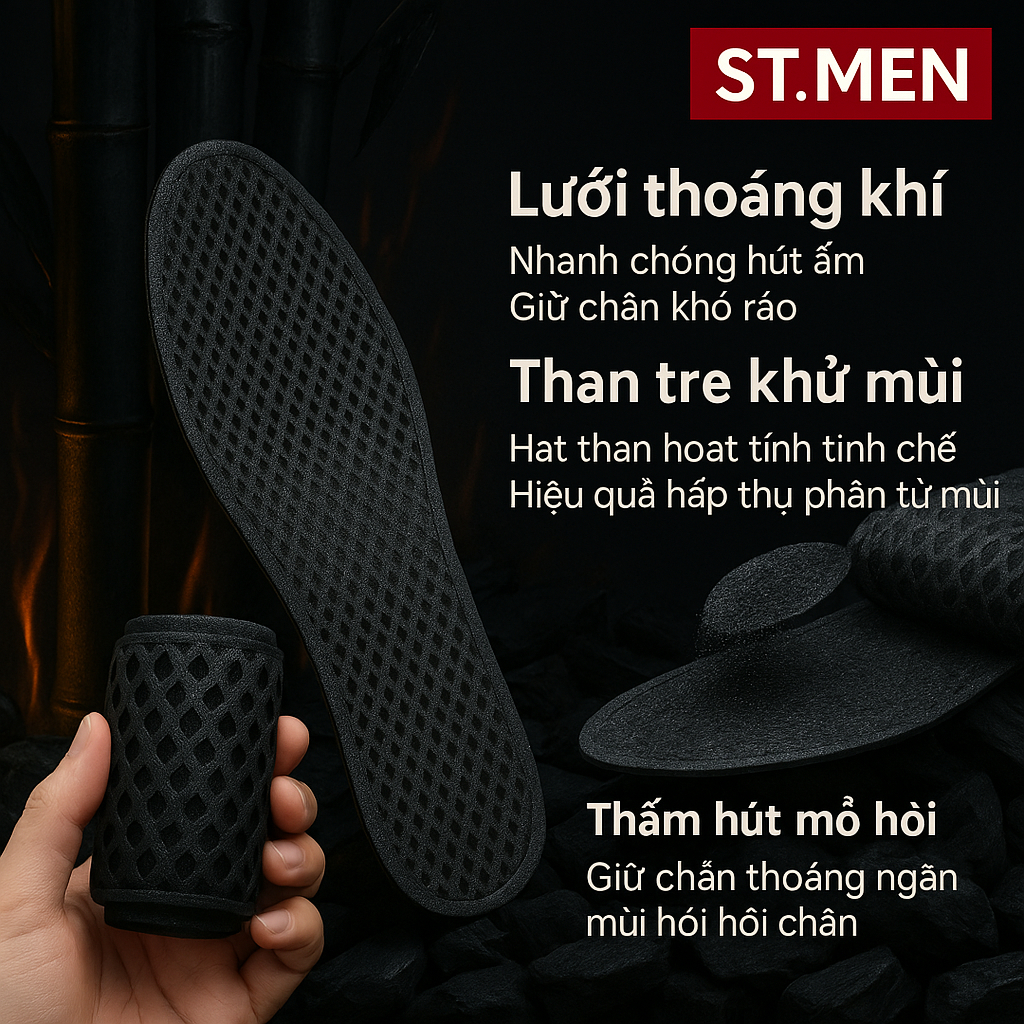 Lót giày than tre 3 lớp Khử mùi, Thấm hút mồ hôi, Thoáng khí