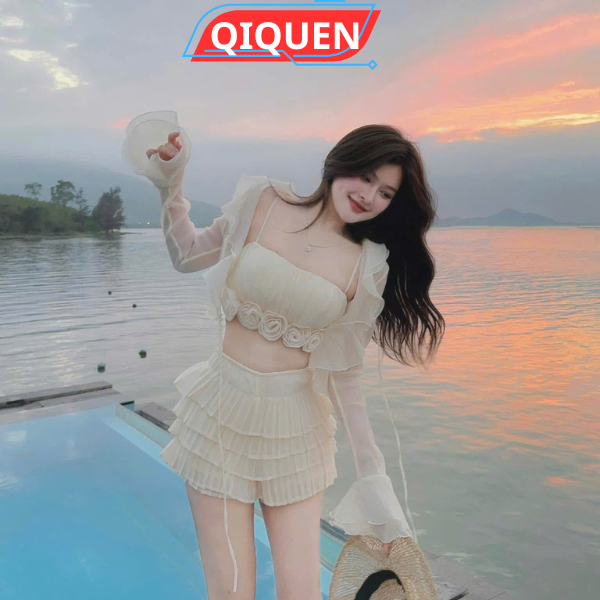 Set Bikinini 3 Món váy xòe Mix Hai Dây Đính Hoa Be Kem Xếp Ly Thiết Kế