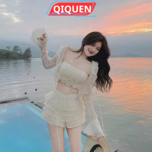 Set Bikinini 3 Món váy xòe Mix Hai Dây Đính Hoa Be Kem Xếp Ly Thiết Kế