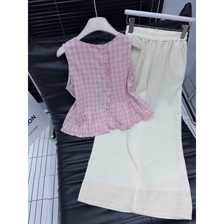 Set Bộ Quần Áo Nữ Áo Sát Nách Kẻ Caro Hồng Bèo Gấu Cài Cúc Lưng Mix Quần Suông Dài Ống Rộng Viền Gấu Ren Freesize