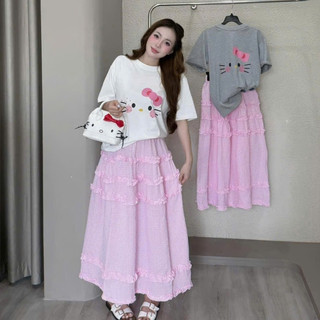 Set Bộ Đồ Nữ Áo Phông In Mặt MÈo Nơ Hồng Mix Chân Váy Kẻ Caro Hồng Dáng Dài Phối Bèo Xếp Freesize