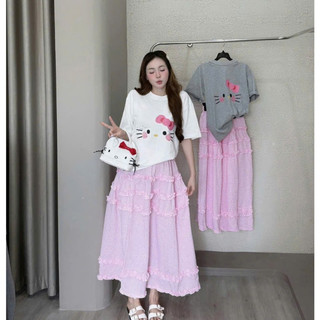 Set Bộ Đồ Nữ Áo Phông In Mặt MÈo Nơ Hồng Mix Chân Váy Kẻ Caro Hồng Dáng Dài Phối Bèo Xếp Freesize