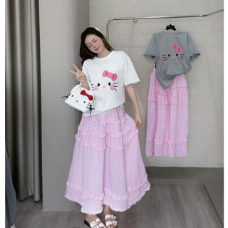 Set Bộ Đồ Nữ Áo Phông In Mặt MÈo Nơ Hồng Mix Chân Váy Kẻ Caro Hồng Dáng Dài Phối Bèo Xếp Freesize