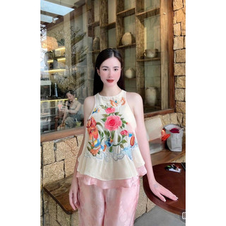 Sét áo nhung the sát nách thêu hoa lót lụa + quần xuông lụa