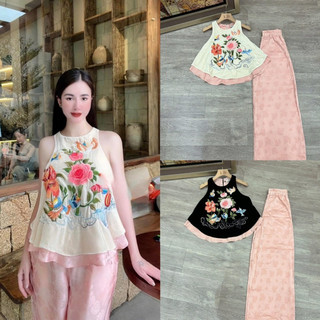 Sét áo nhung the sát nách thêu hoa lót lụa + quần xuông lụa