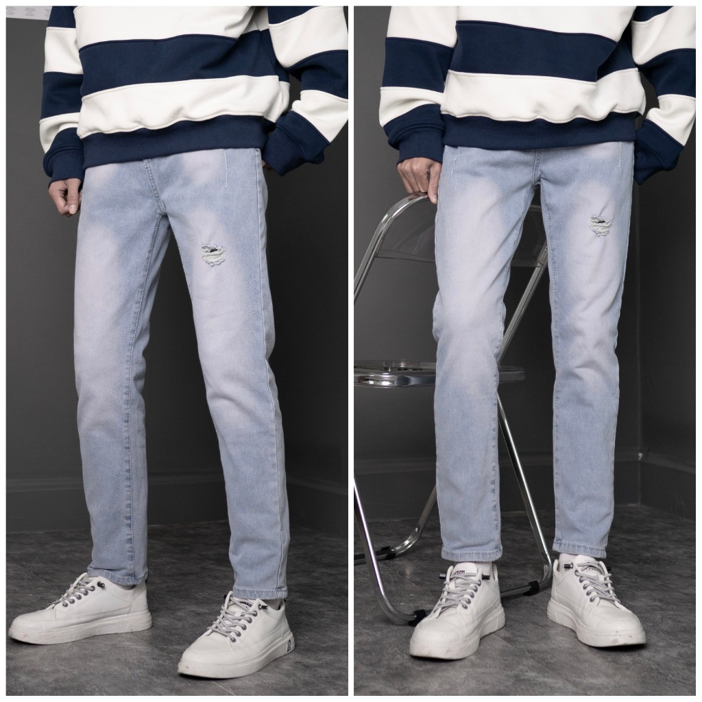 Quần jean nam rách gối màu xanh ghi nhạt co giãn 4 chiều dáng slimfit ...