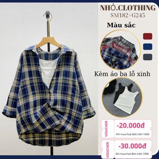 Set áo sơ mi bigsize nữ tay dài caro kèm áo ba lỗ co giãn thoải mái và thoáng khí hottrend 50 - 95KG  - Set (SM182+G245)