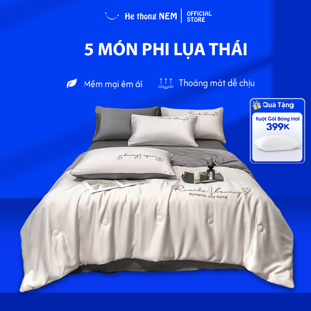 Ảnh Bộ Ga Giường 5 Món He thong NEM Cao Cấp Set Chăn Ga Gối Đệm Phi Lụa Thái Trải Giường 5 Món Mịn Mát Mùa Hè Sang Trọng 1