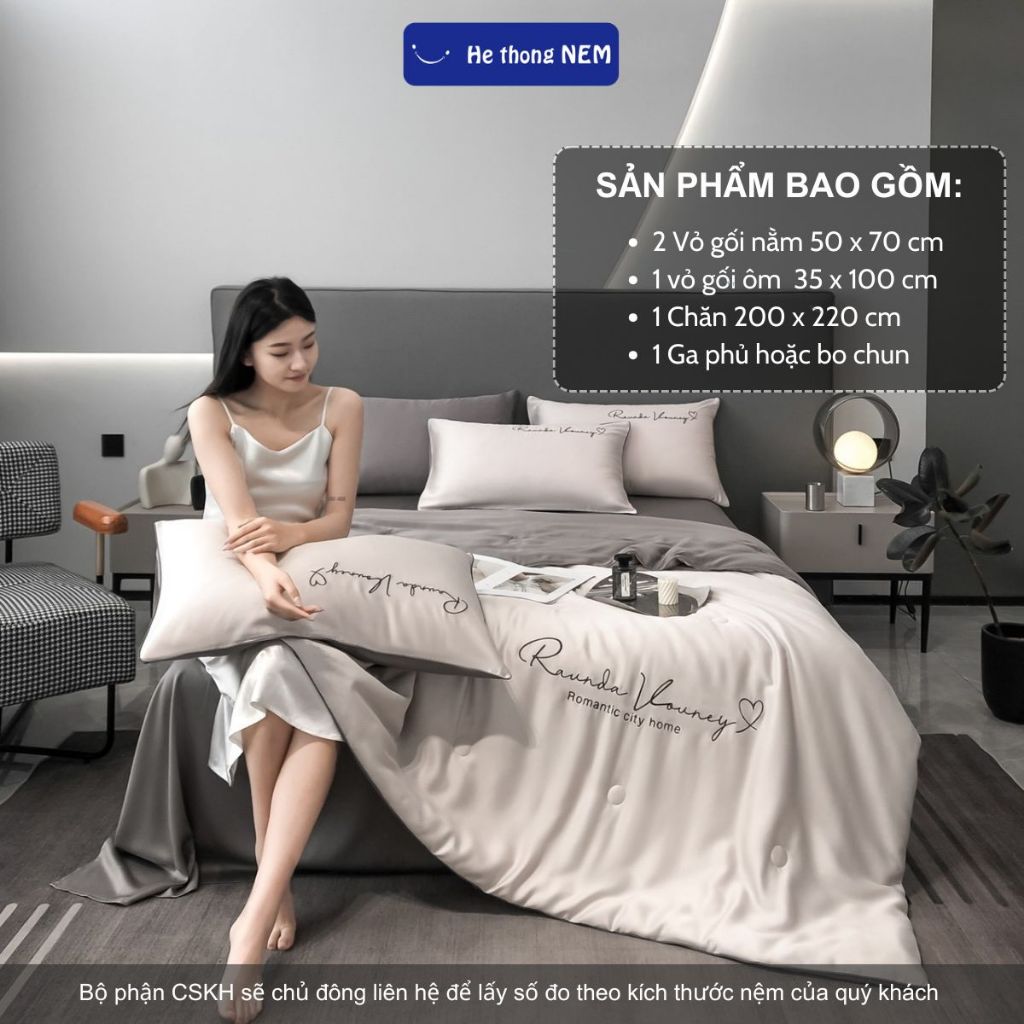 Ảnh Bộ Ga Giường 5 Món He thong NEM Cao Cấp Set Chăn Ga Gối Đệm Phi Lụa Thái Trải Giường 5 Món Mịn Mát Mùa Hè Sang Trọng 4