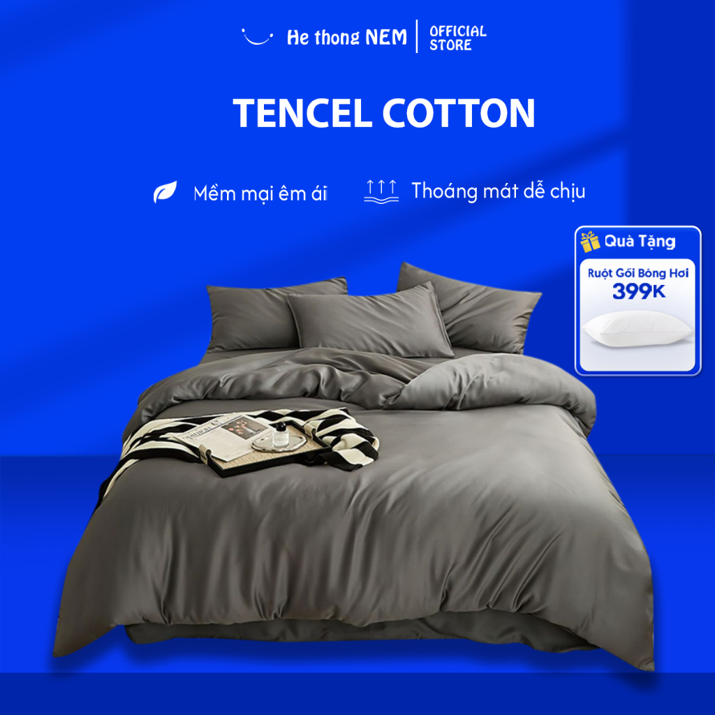 Ảnh Bộ ga giường lụa He thong NEM cao cấp Set bộ vỏ chăn ga ra gối nệm đệm 5 món tencel cotton trải phủ giường mát lạnh 1