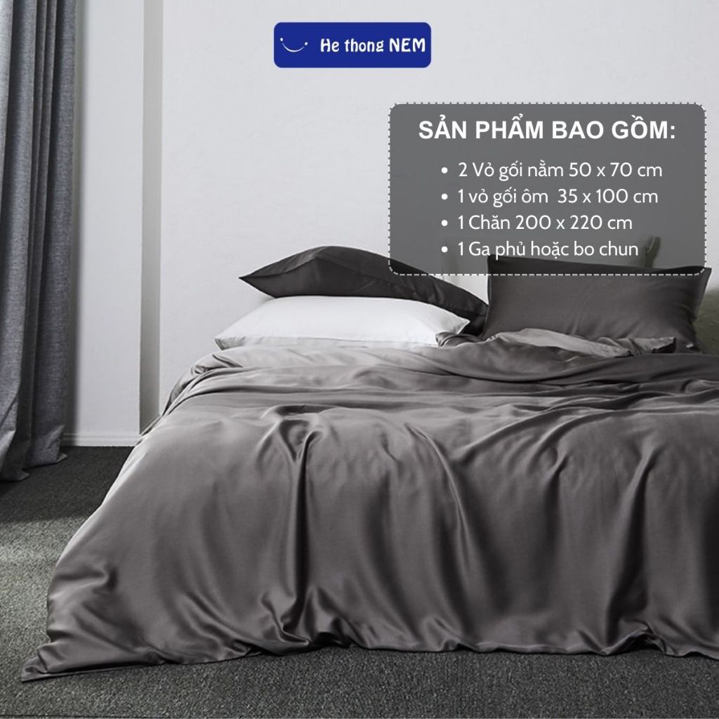 Ảnh Bộ ga giường lụa He thong NEM cao cấp Set bộ vỏ chăn ga ra gối nệm đệm 5 món tencel cotton trải phủ giường mát lạnh 4