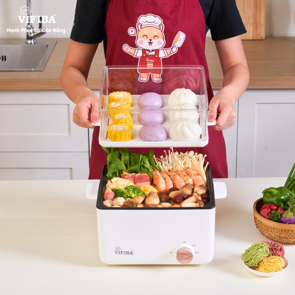 Ảnh Nồi Lẩu Hấp vuống Đa Năng SAKI VIFIBA Chính Hãng 1000W Gia Nhiệt Nhanh – Ngăn Lẩu 5L Hấp Và Tiệ 3