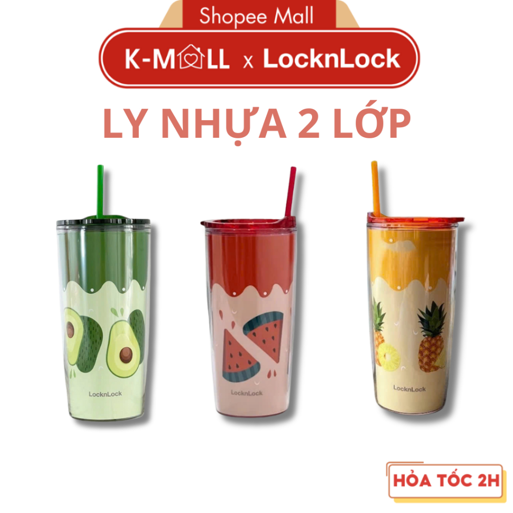 Ly nhựa 2 lớp LocknLock Double Wall Cold Cup HAP524 dung tích 600ml, kèm ống hút - K-MALL