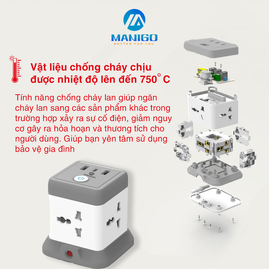Ảnh Ổ Cắm Điện Đa Năng Manigo Nhiều Lỗ Cắm 2500W Tích Hợp USB TypeC Sạc Nhanh PD20W An Toàn Có Cầu Chì 3