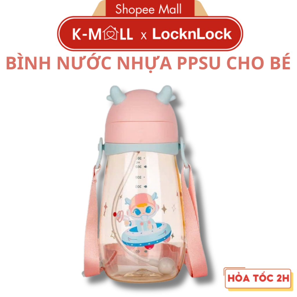 Bình nước nhựa PPSU LocknLock Deer Kids Bottle HAP910 Màu Hồng, 450ml, kèm ống hút và dây đeo - K-MALL