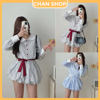Váy Kẻ Sọc Cổ Sen Kèm Dây Nơ Buộc Eo Chân Váy Phồng Có Quần Bảo Hộ  , Jum Kẻ Cổ Sen  | CHAN SHOP