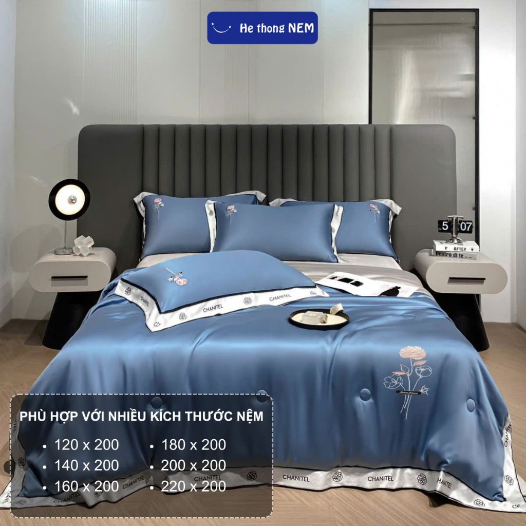 Ảnh Bộ drap giường He thong NEM cao cấp Set bộ vỏ chăn ga ra gối nệm đệm 5 món lụa thái trải phủ giường mùa hè mát lạnh 2
