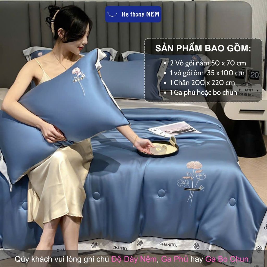 Ảnh Bộ drap giường He thong NEM cao cấp Set bộ vỏ chăn ga ra gối nệm đệm 5 món lụa thái trải phủ giường mùa hè mát lạnh 3
