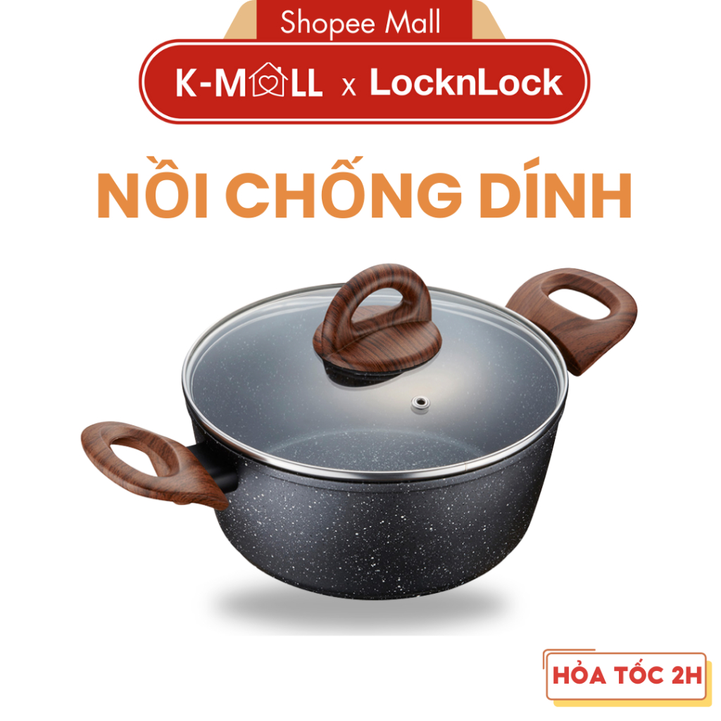Nồi Nhôm 24cm LocknLock Baum Marble LBU1242 dùng được trên bếp từ nắp thuỷ tinh, chống dính - K-MALL