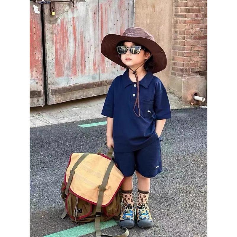 Bộ quần áo polo  thêu hình cá mập chất vải thông hơi 3 màu cho bé đi học đi chơi size 13-33kg, quần áo trẻ em