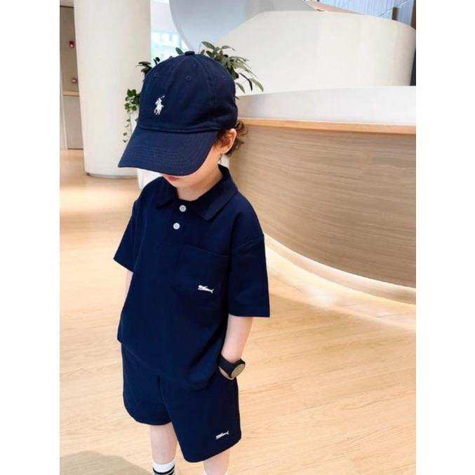 Bộ quần áo polo  thêu hình cá mập chất vải thông hơi 3 màu cho bé đi học đi chơi size 13-33kg, quần áo trẻ em