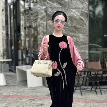 Váy nhung khâu tay Cẩm Tú Hồng by Tiệm Nhung Diệp Anh A20 gile 3 lỗ sát nách -2 dây nhung Hàn loại 1